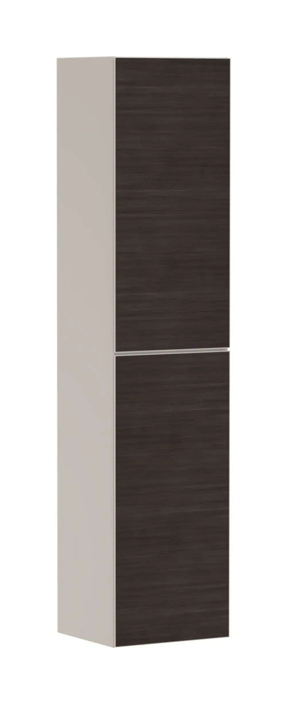 Hansgrohe Hochschrank mit zwei vertikalen Türen, eine helle Oberfläche und eine dunkle Holzoptik auf der Vorderseite, Türanschlag links.